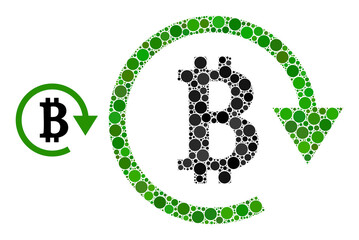 Bitcoin repay vector collage of dots in various sizes and color hues. Circle dots are composed into bitcoin repay vector collage. Abstract vector illustration.