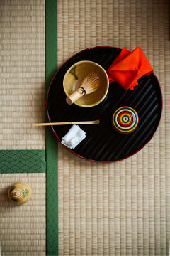 Top view of japanese tea ceremony equipment