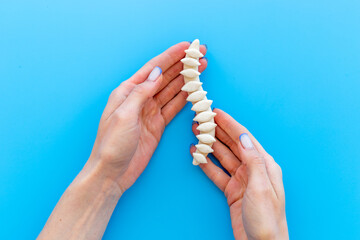 Human spinal column in hands. Spinal health and diseases concept
