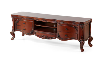 classic TV table wood on white background . corner view