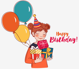 Cute girl with presents. Happy Birthday vector illustration
