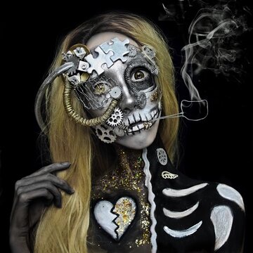 Woman in skeleton body paint