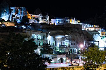 Scenic night landscape view of Goreme. Town in Cappadocia. Famous touristic place and travel destination inTurkey. Famous center of balloon fligths. Night lights landscape