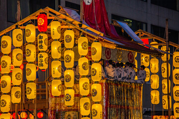 Yellow lanterns decoration for Gion Matsuri festival in Japan
