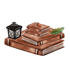 Watercolor composition of books pile, lantern, oak leaf and acorn. Cozy autumn. For greeting cards, postcard design, scrapbook, DIY projects, stationery print, book store, library logo, reading blog 