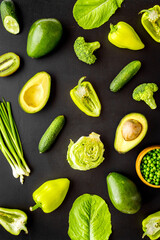 Layout of raw green vegetables and herbs protein food