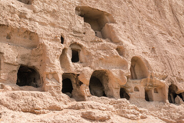 Caves in the cliffs near Bamiyan, Afghanistan