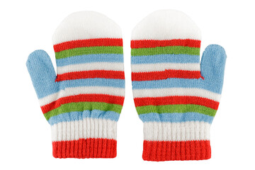 Knitted woolen warm mittens for children, winter clothes, isolated on a white background, close-up