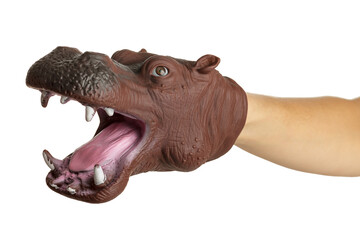 Hand toy animal behemoth, puppet theater for children, performance, interactive activity with kids
