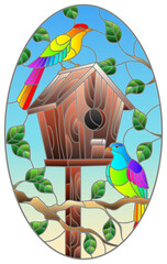 Illustration in stained glass style with a pair of bright red birds and a birdhouse on a background of tree branches and sky, oval image 