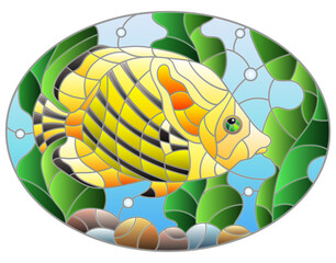 Illustration in stained glass style with an abstract  butterfly fish on a background of algae, air bubbles and water, oval image
