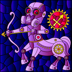 Illustration in the style of a stained glass window with an illustration of the steam punk sign of the horoscope Sagittarius, tone blue