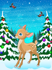 Illustration with a cute fawn on the background of Christmas trees and a winter landscape