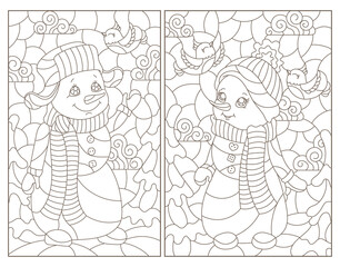Fototapeta na wymiar Set of contour illustrations of stained glass Windows on the theme of winter holidays with snowmans, dark outlines on a white background