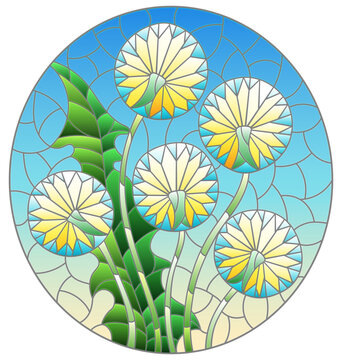 recommend clip art: Stained glass illustration with abstract dandelion flowers on a blue background, oval  image