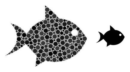 Fish vector mosaic of circle dots in various sizes and color tints. Circle dots are grouped into fish vector mosaic. Abstract vector illustration.