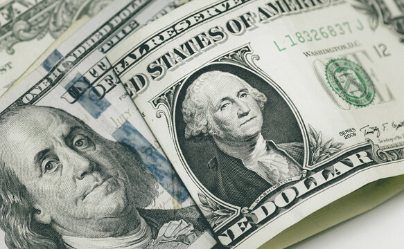 Notas de Dólares do Estados Unidos em fotografia macro. Economia e finanças.