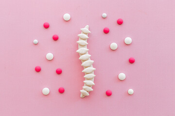 Strong healthy spine with medicine pills. Top view