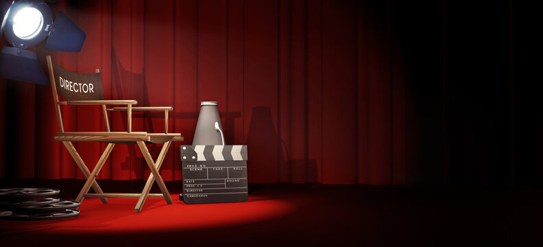 Movies background. Video on demand advertising template with a director's chair and accessories. A cinema concept 3D rendering with copy space to add your text