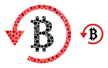 Bitcoin refund vector mosaic of circle dots in variable sizes and color shades. Dots are organized into bitcoin refund vector mosaic. Abstract vector illustration.