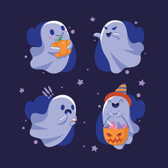 Set of cute funny happy ghosts. Childish spooky boo characters for kids. Magic scary spirits with different emotions and face expressions. Isolated flat cartoon vector illustrations