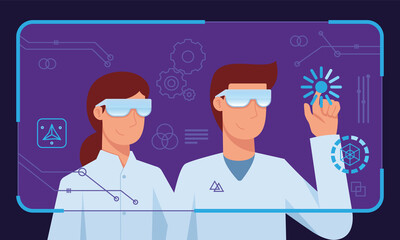 Scientific research and education in virtual reality. Man and Woman wearing vr headset and touching digital interface. Vector illustration
