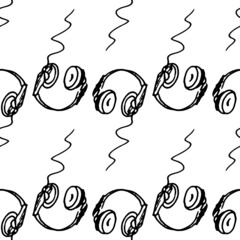 pattern of headphones. seamless pattern of computer headphones in the style of hand-drawn doodles with wavy wire, isolated black outline on a white background for a label design template, packaging. m