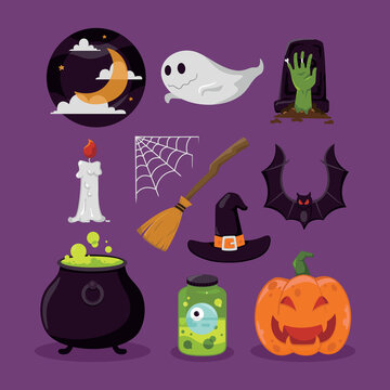 Happy halloween asset for novel, story and artwork. Illustration flat style for designer create banner, web page or novel and story. pumpkin, bat, ghost, bottle, eyes, poison, pot, tombstone, hat,etc