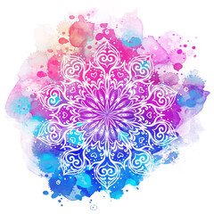 Mandala over colorful watercolor. Beautiful vintage round pattern. Hand drawn abstract background. Decorative isolated. Invitation, t-shirt print, wedding card. Tattoo element.