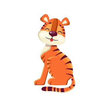 Cute tiger cub sitting symbol of the year vector character. Flat illustration.