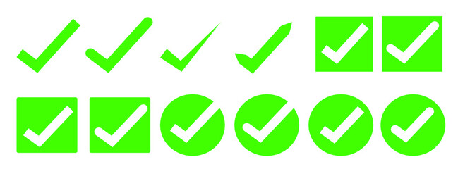 Vector set of variety of green check marks, some in boxes and circles. Positive, confirm, accept, good job.