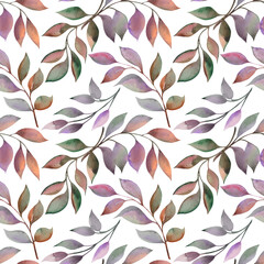 Seamless pattern with colorful decorative leaves. Watercolor illustration isolated on white background.