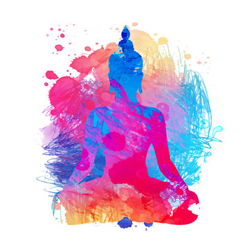 Buddha over watercolor background. Vector illustration. Vintage decorative composition. Indian, Buddhism, Spiritual motifs. Tattoo, yoga, spirituality..