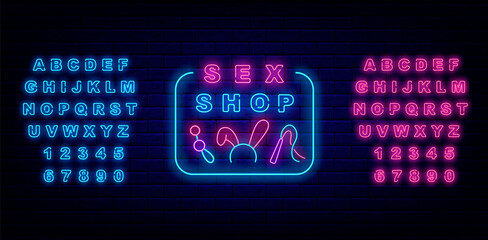 Sex shop neon sign. Pink and blue alphabet. Adult toys. Sexual accessories. Isolated vector stock illustration