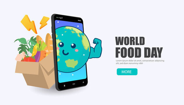 World Food Day illustration with cartoon earth cute and smartphone vector is suitable for social media, banner , poster , Flyer and related with food