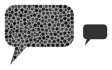 Comment message vector collage of circle dots in variable sizes and color hues. Circle dots are combined into comment message vector mosaic. Abstract vector design concept.