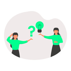 Woman thinking - trying to find a solution with question mark and happy with light bulb creative idea. Concept vector illustration