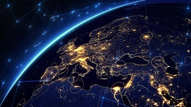 Animation of Earth with a Digital Grid of Networks. Blue Lines and Nodes Creating a Blue Mesh. Representing Satellite, Mobile and Technological Signals. Global Telecommunication. From Europe to Japan.