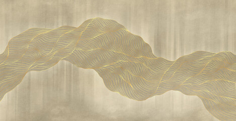 Graphic abstraction. A cascade of smooth golden lines in beige tones. Interior printing, template for printing - 467228969
