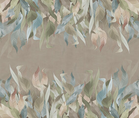 Hand-drawn branches with leaves hanging from above in beige tones. Seamless pattern. Suitable for wallpaper. - 467228999