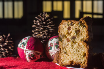 christmas cake with fruits , christmas concept with copy space , dark background