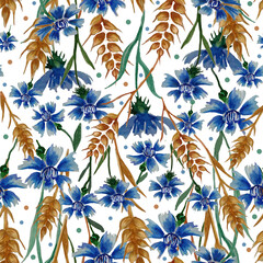 Seamless pattern with blue cornflowers on white.