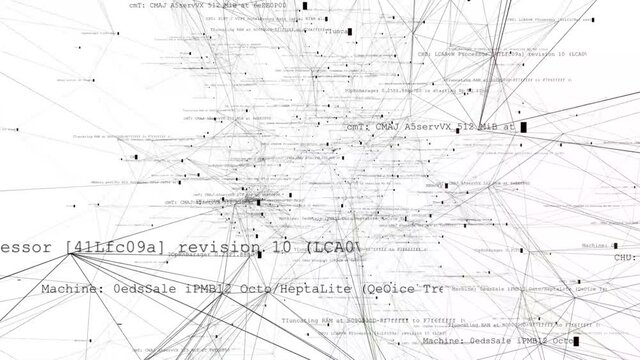 On a white background, lines of black abstract text are zoomed in and out. Cursor squares and thin lines create a kind of complex web.