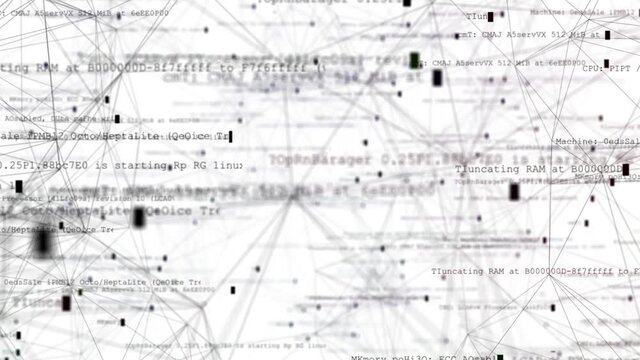 In a white blurry space, black cursors are constantly running and typing. Black connecting lines pierce the space. Data collection visualization.