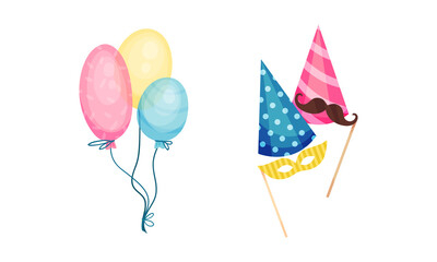 Bunch of Colorful Balloons and Cap with Moustache Mask as Birthday Symbol Vector Set