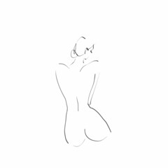 Silhouette of naked woman from the back. Female figure, drawing, sketch. Vector