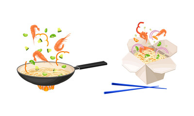 Chinese Udon Noodle Stir-frying in Wok Pan on Burner and Open Cardboard Box Vector Set - obrazy, fototapety, plakaty