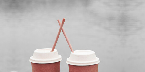 two paper cups. coffee drinking concept. romantic meeting illustration