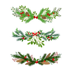 Evergreen Fir Tree Branches and Berry Twigs Semicircular Vector Composition Set