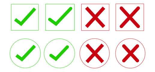 Vector set of green check marks and red crosses in square and circle outlines. Buttons. Incorrect, correct, positive, negative, right, wrong.